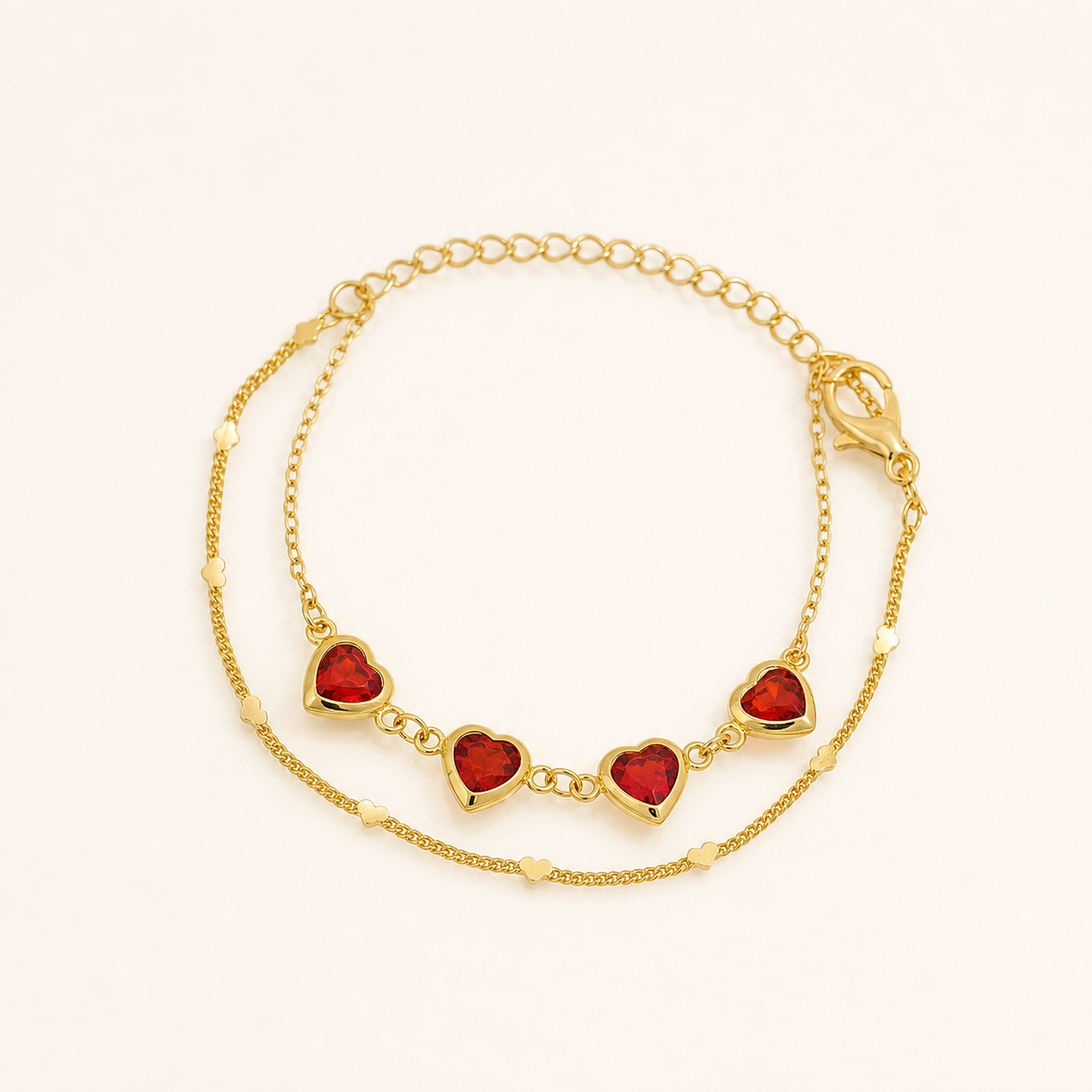 Pulseira Dupla Folheada a Ouro 18k Coração Cristal Vermelho