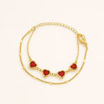 Pulseira Dupla Folheada a Ouro 18k Coração Cristal Vermelho