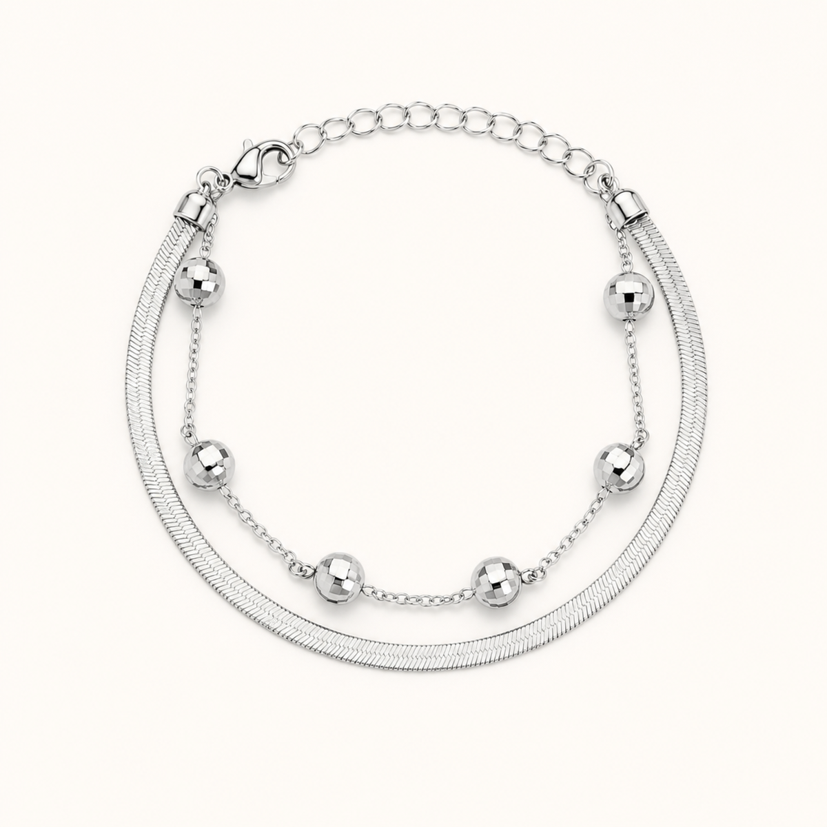 Pulseira Folheada a Prata 925 Dupla Esfera Com Fita Laminada
