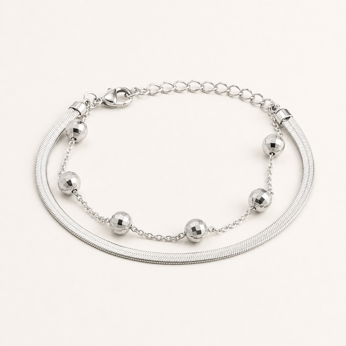 Pulseira Folheada a Prata 925 Dupla Esfera Com Fita Laminada