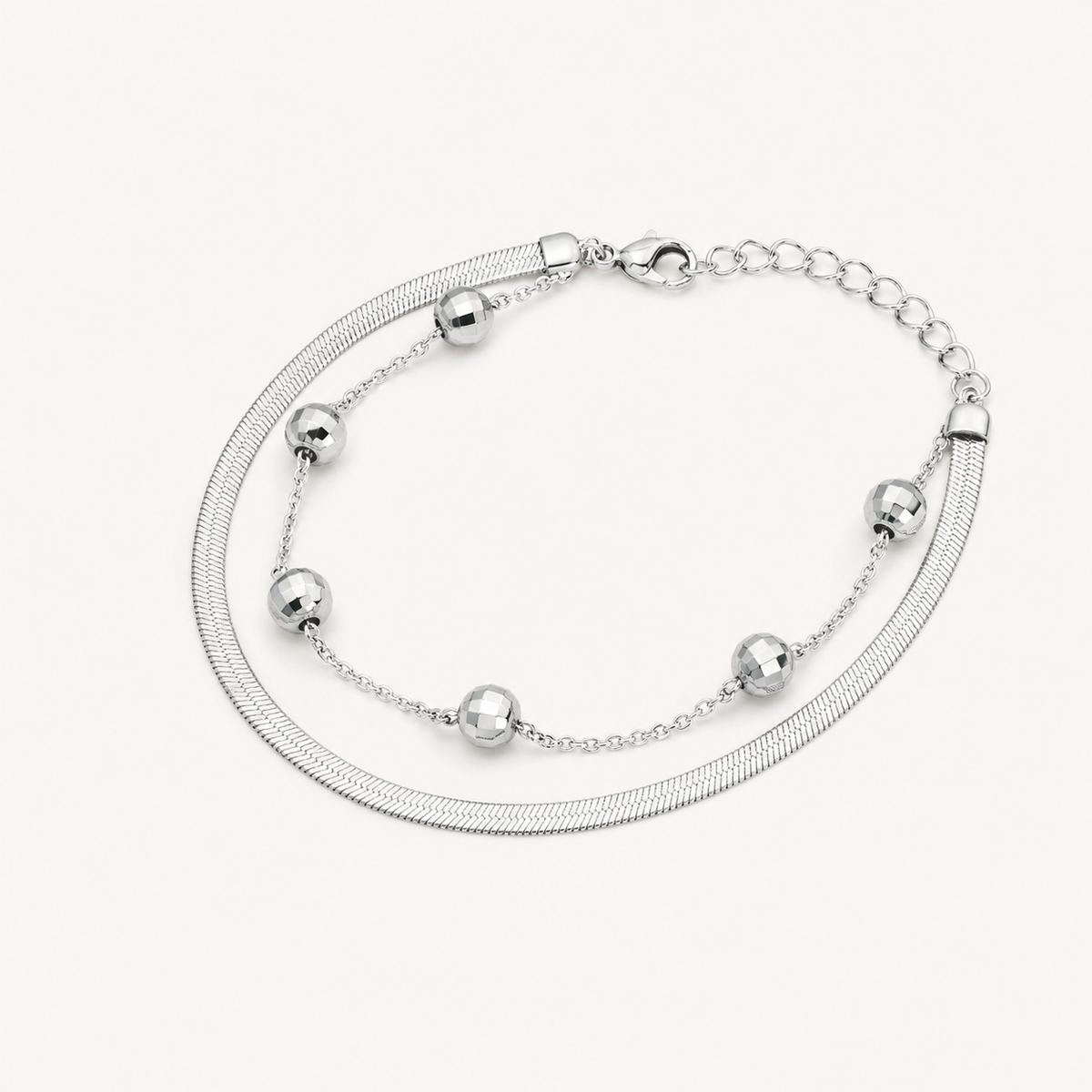 Pulseira Folheada a Prata 925 Dupla Esfera Com Fita Laminada