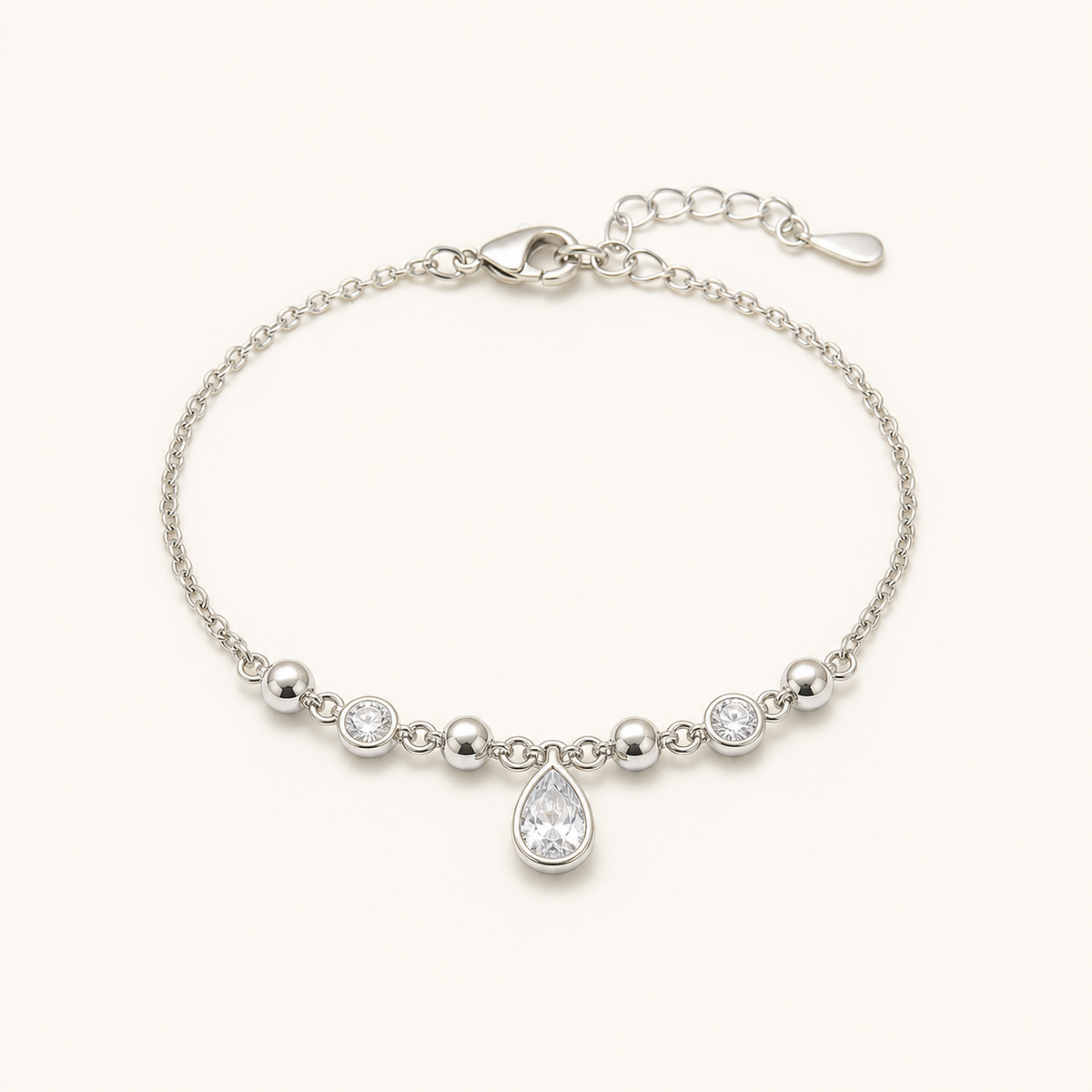 Pulseira Folheada a Prata 925 Esferas e Gota Cristal
