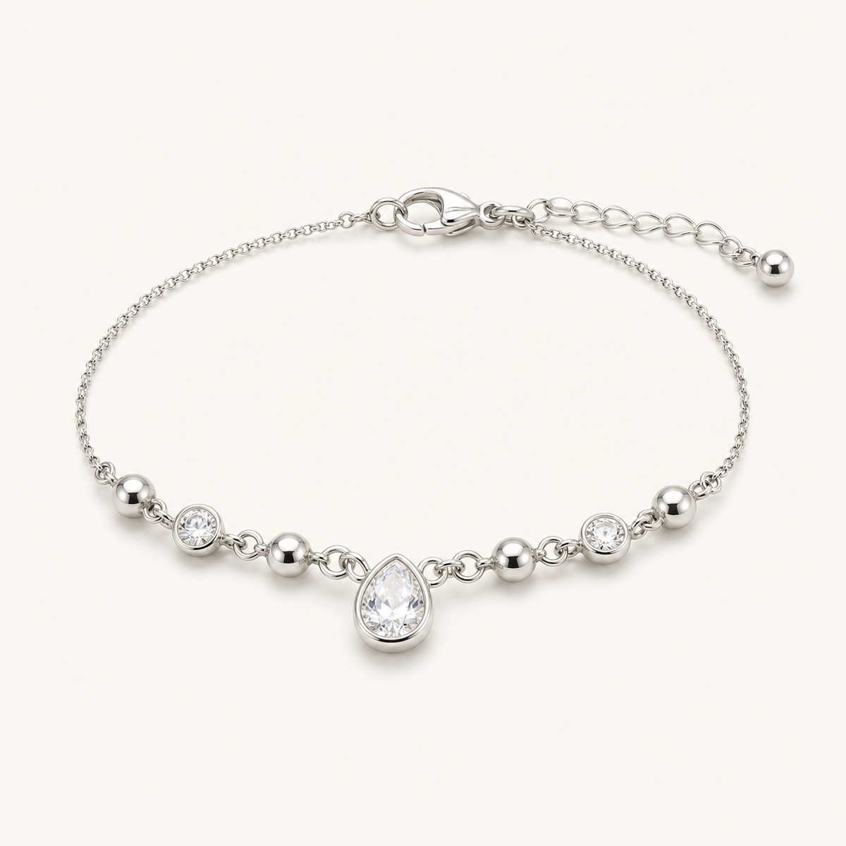 Pulseira Folheada a Prata 925 Esferas e Gota Cristal