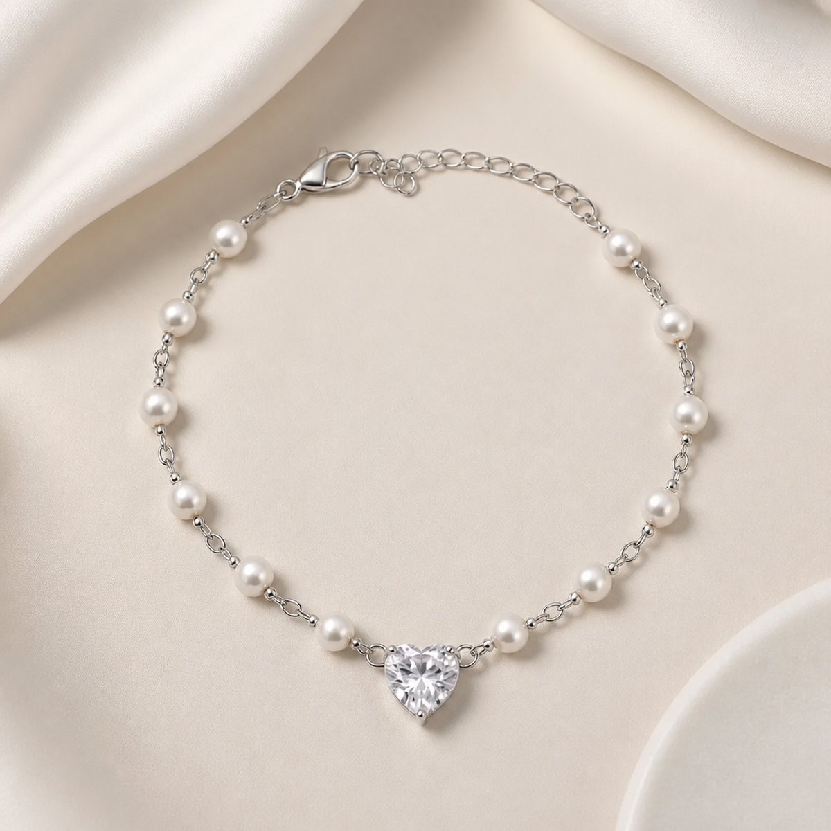 Pulseira Folheada a Prata 925 Perolas e Coração