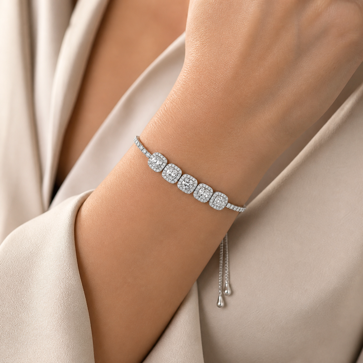 Pulseira Folheado a Ouro 18k e Prata Quadrados de Cristal Com Zircônias - Prata