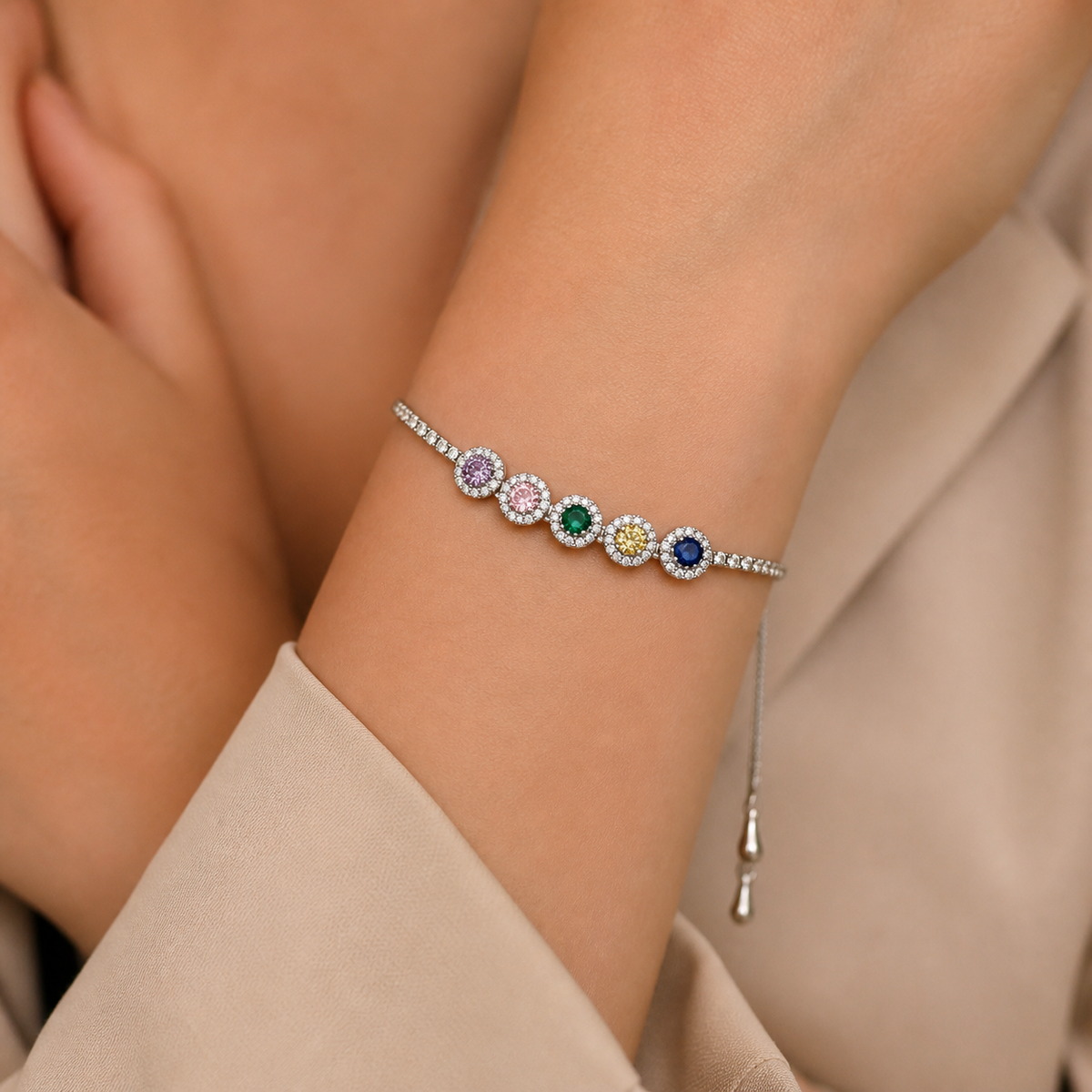 Pulseira Folheada a Ouro 18k e Prata Círculos Cravejados - Prata - Colorido
