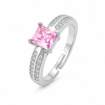 Anel Regulável Folheado a Prata Quadrado Cristal Colorido-Rosa