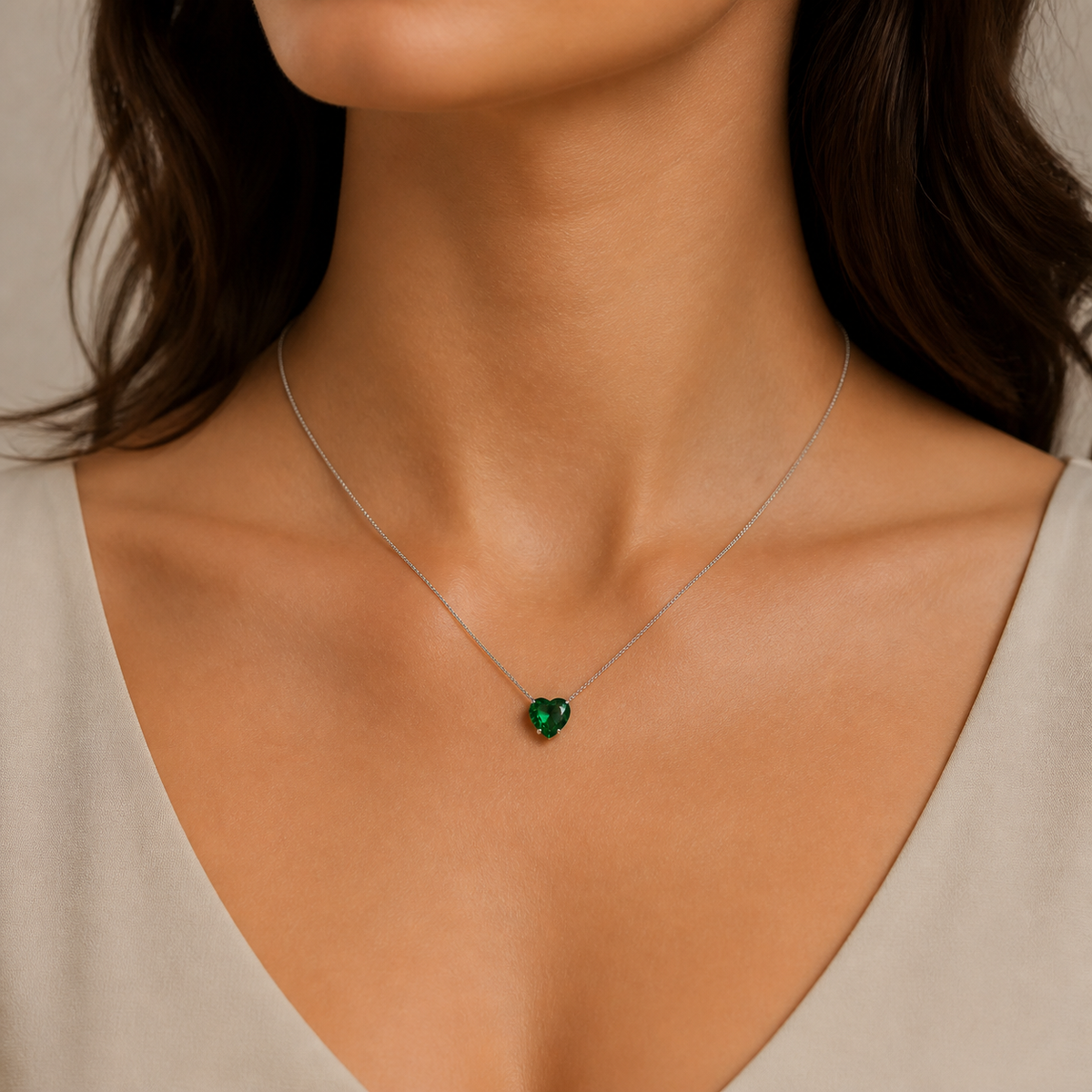Colar Folheado a Prata 925 Coração Cristal Verde