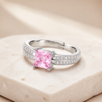 Anel Regulável Folheado a Prata Quadrado Cristal Colorido-Rosa
