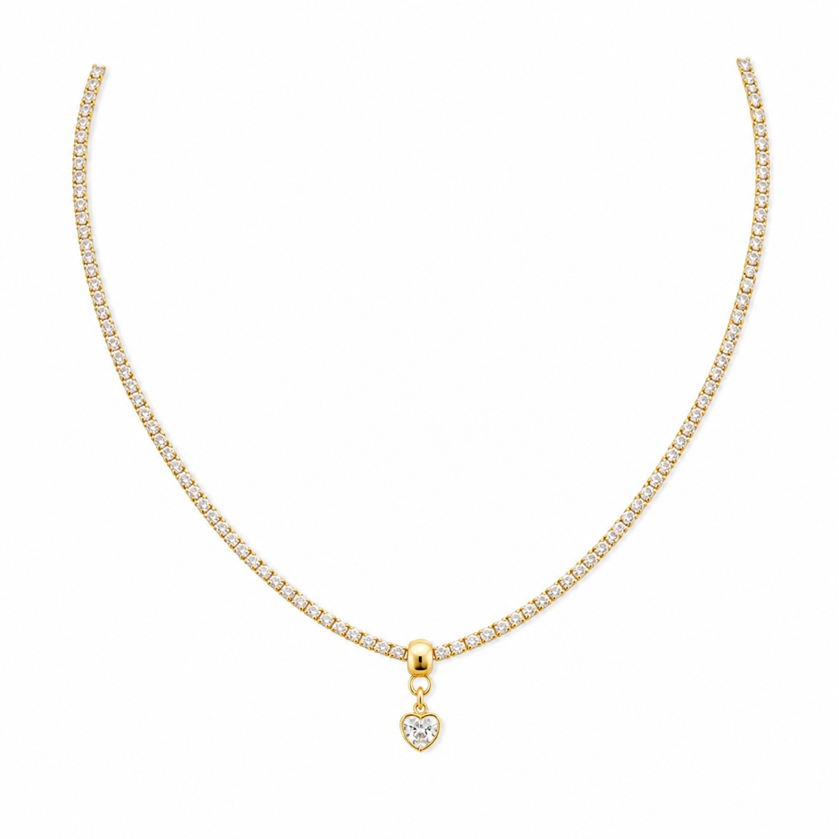 Colar Folheado Ouro 18k Cordão de Zircônia com Coração Cristal