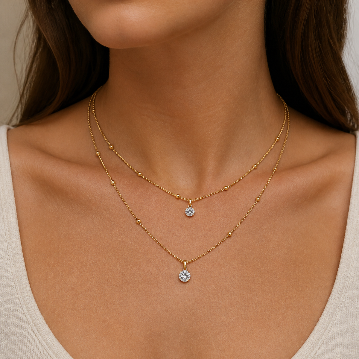 Colar Duplo Folheado a Ouro 18k Esferas e Cristal
