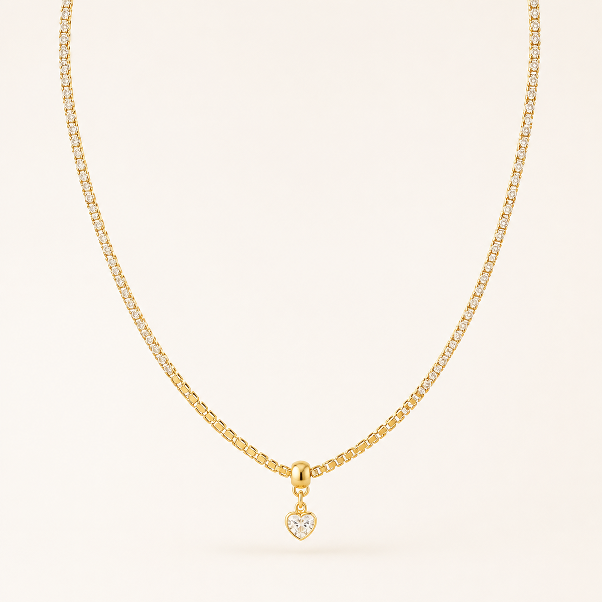 Colar Folheado Ouro 18k Cordão de Zircônia com Coração Cristal