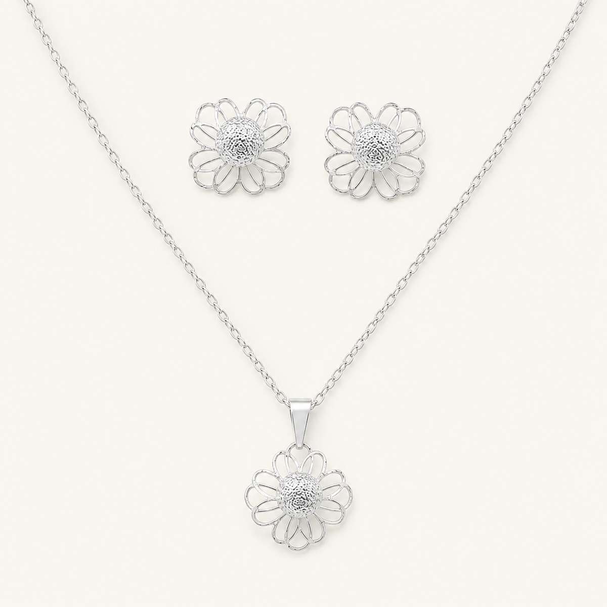 Conjunto Colar e Brinco Folheado a Prata 925 Flor com Esfera Central