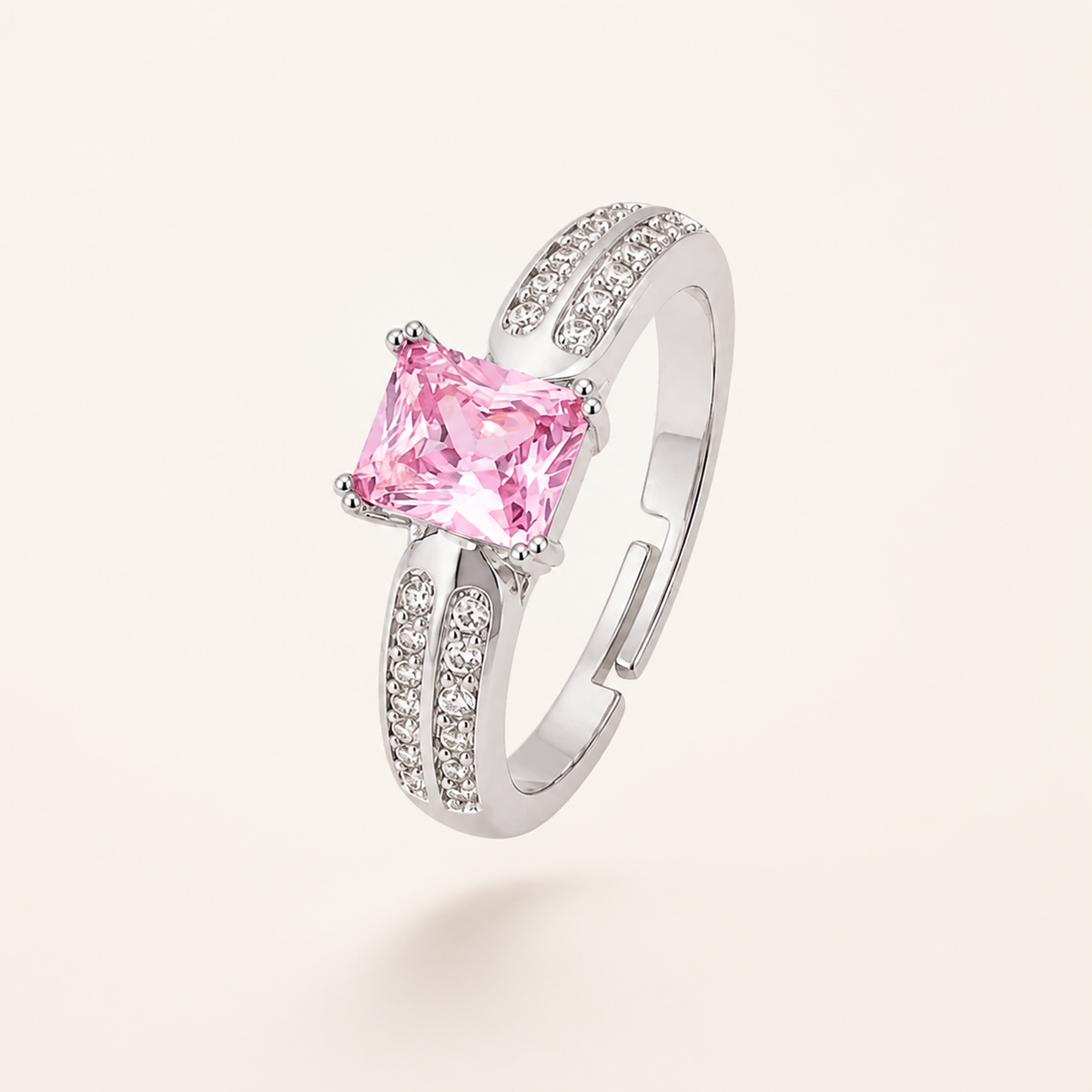 Anel Regulável Folheado a Prata Quadrado Cristal Colorido-Rosa