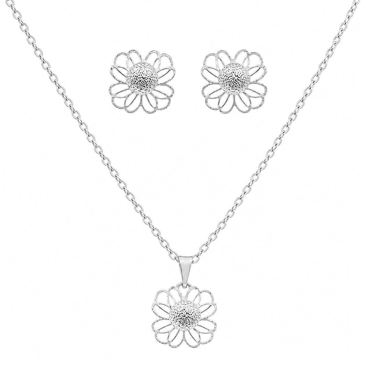 Conjunto Colar e Brinco Folheado a Prata 925 Flor com Esfera Central